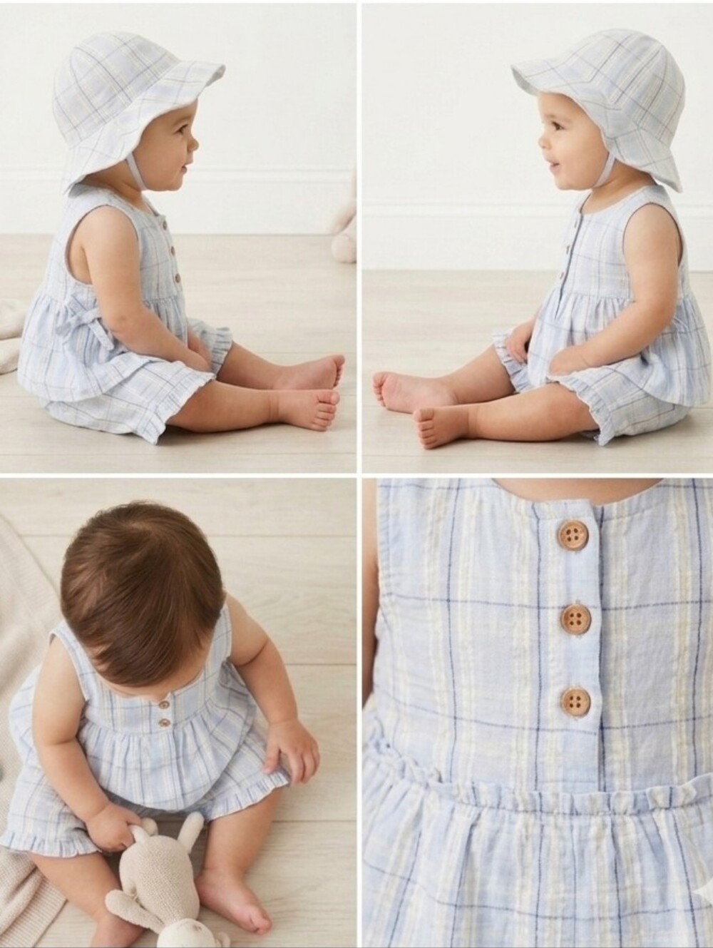 Carter's Light Blue Plaid Button-Front Romper with Matching Hat